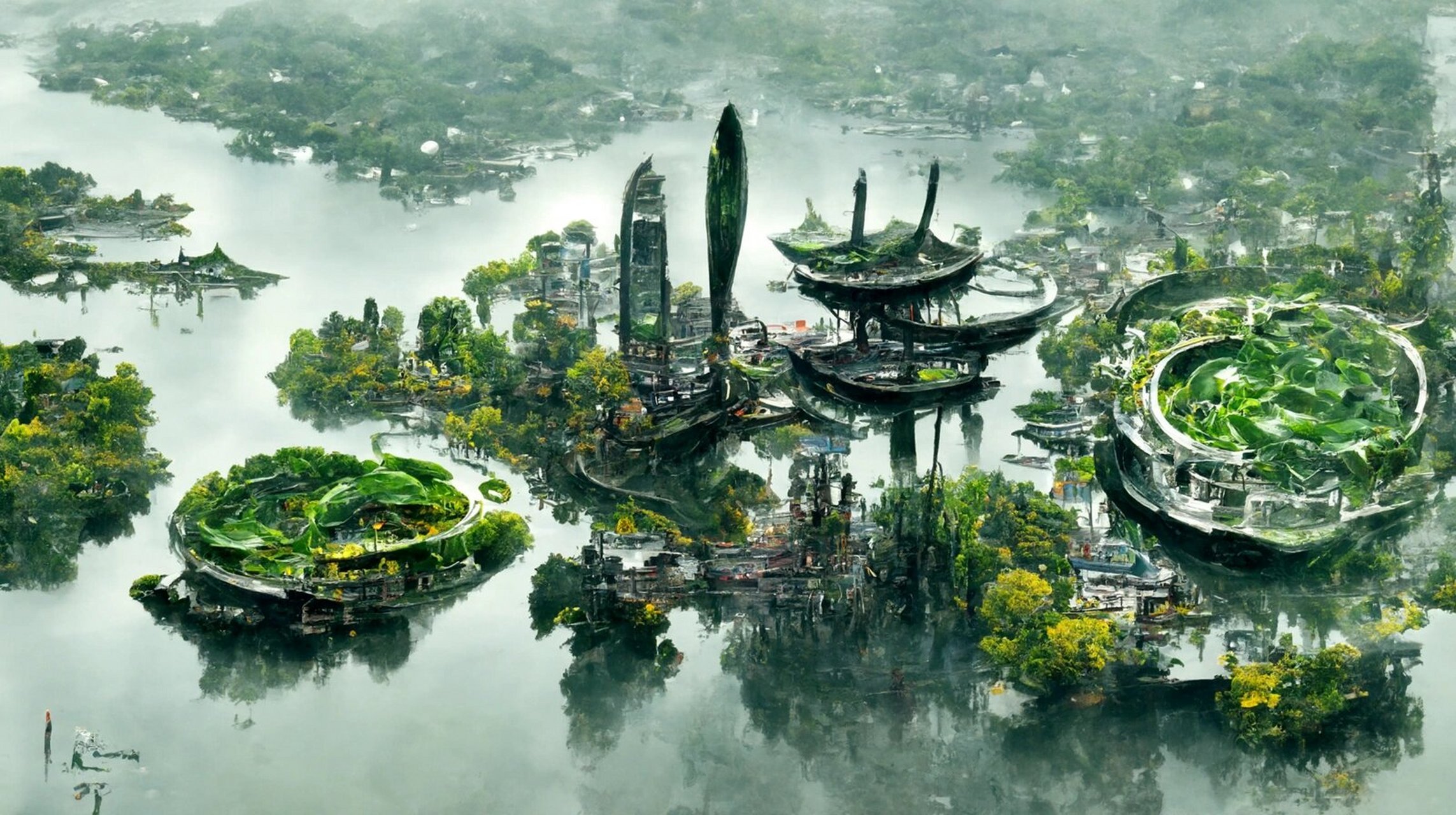 教ai画画的第6天:ta眼中的杭州西湖 鸟瞰杭州西湖,太阳朋克都市