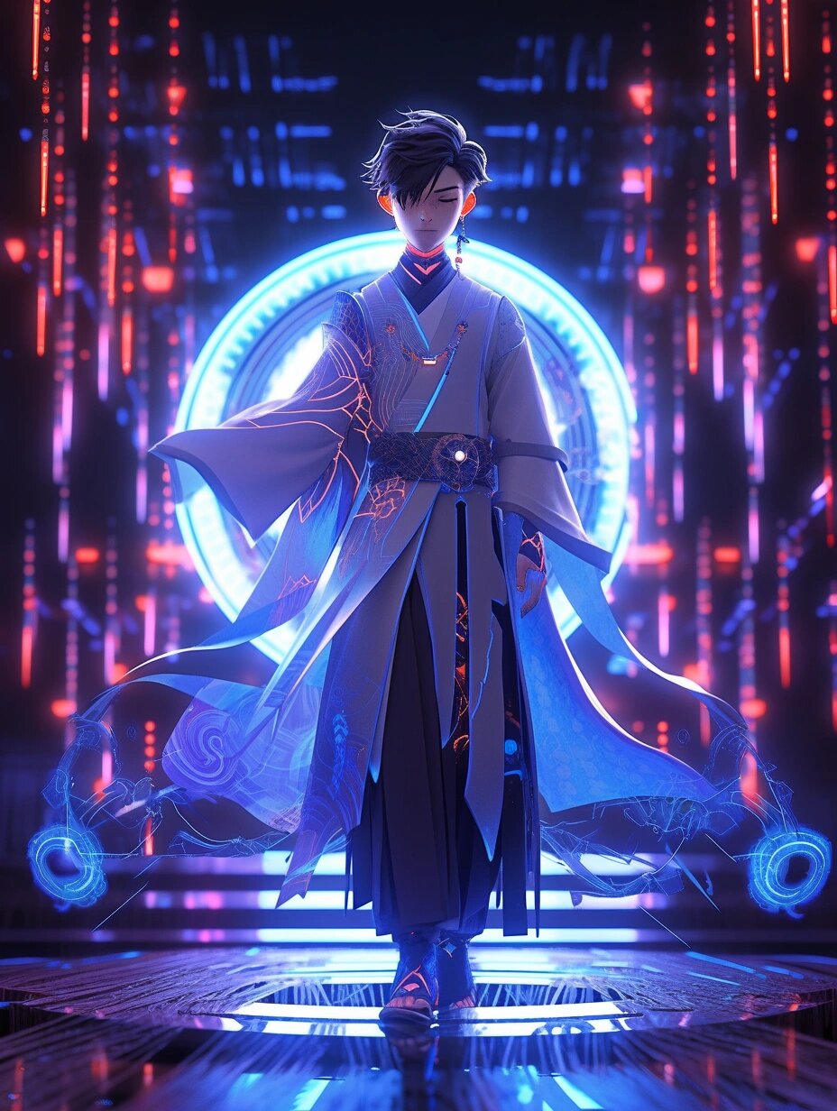赛博朋克国风汉服少年,确实很酷呀|aigc|52 国风结合赛博朋克,用未来