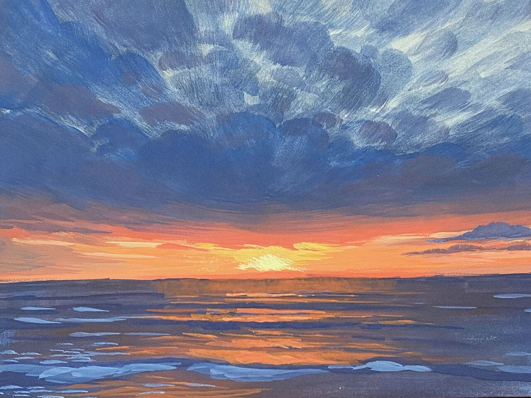 不透明水彩 水粉画 海边的日落 夕阳 这张录了视频 大家喜欢就剪出来