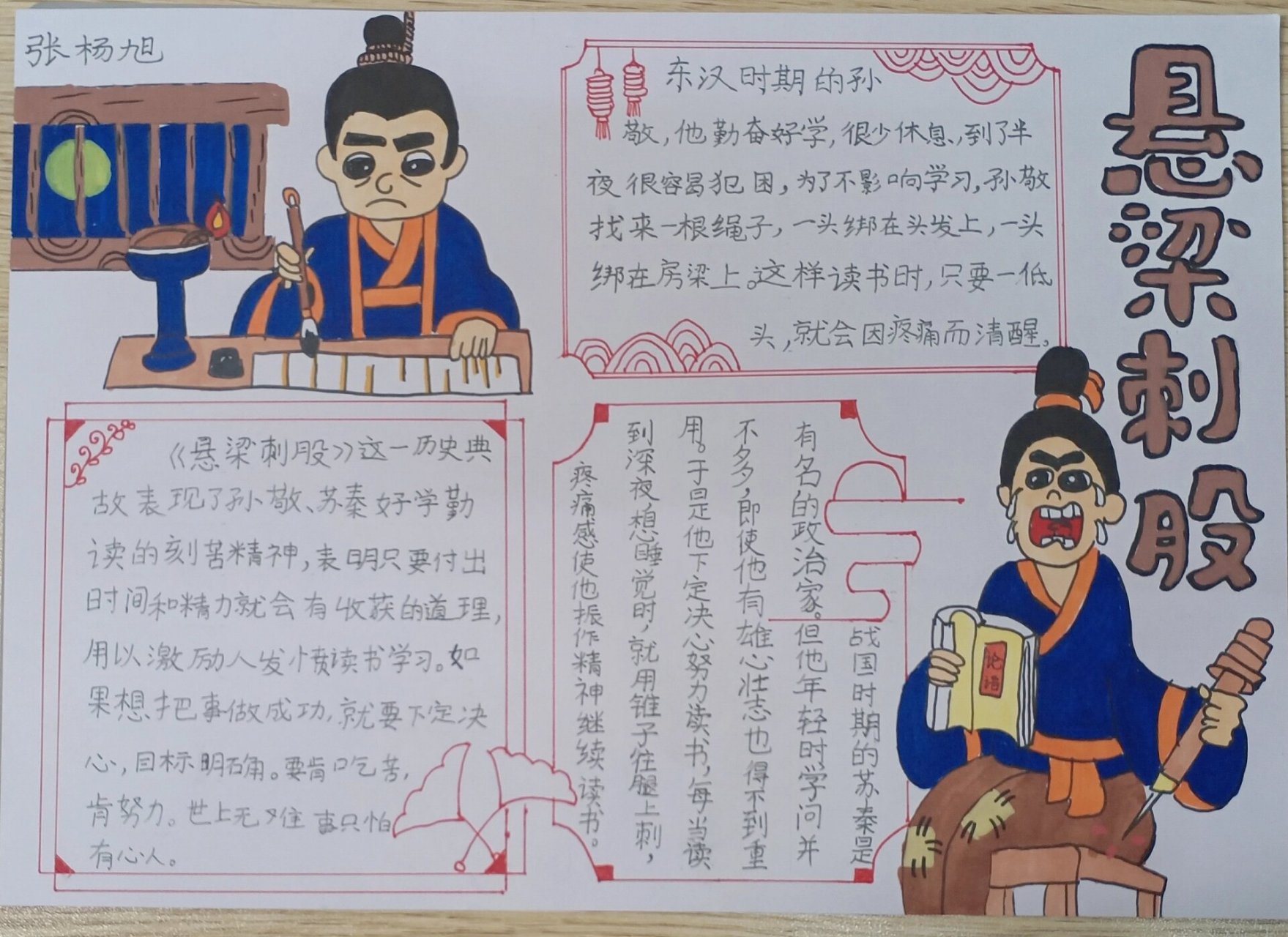 悬梁刺股的古风手抄报 这一周的作业,画古代人读书的故事,那就悬梁刺