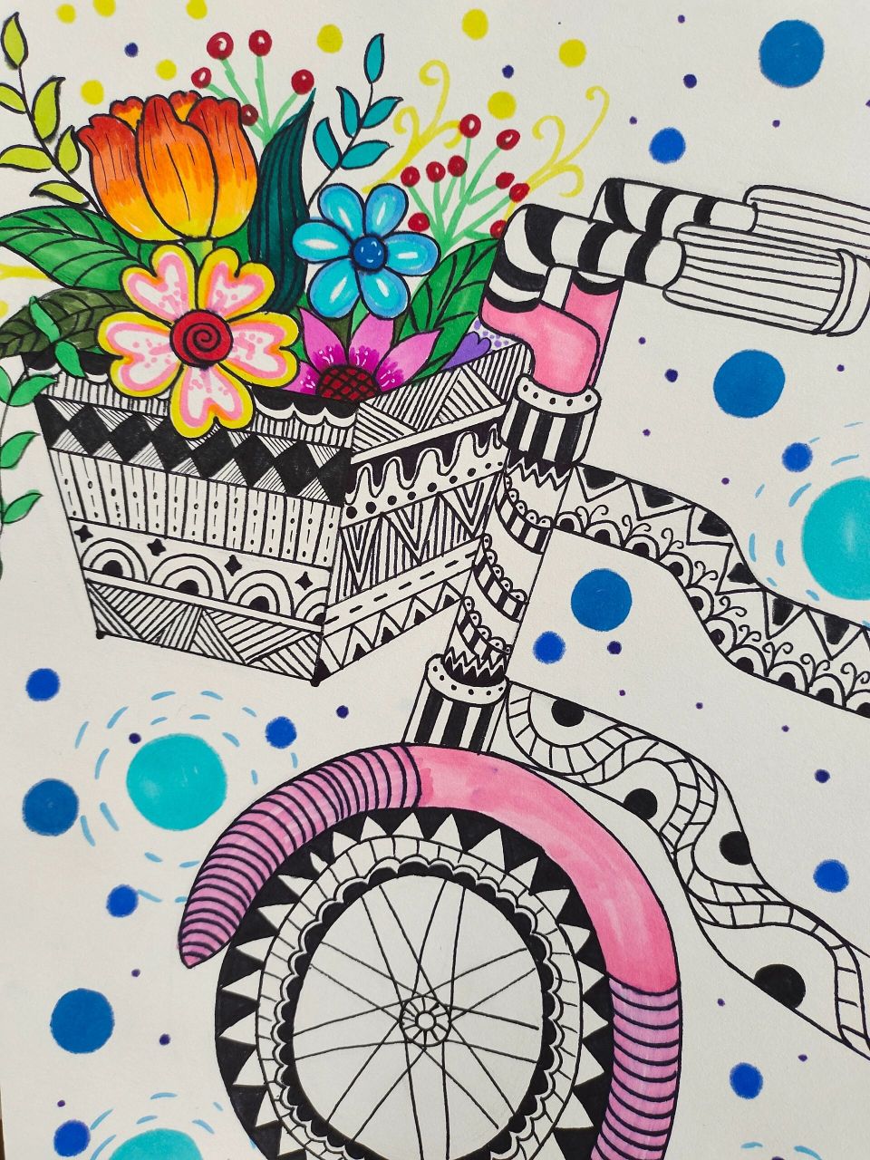 线描手绘《装满鲜花的自行车》 创意线描儿童画