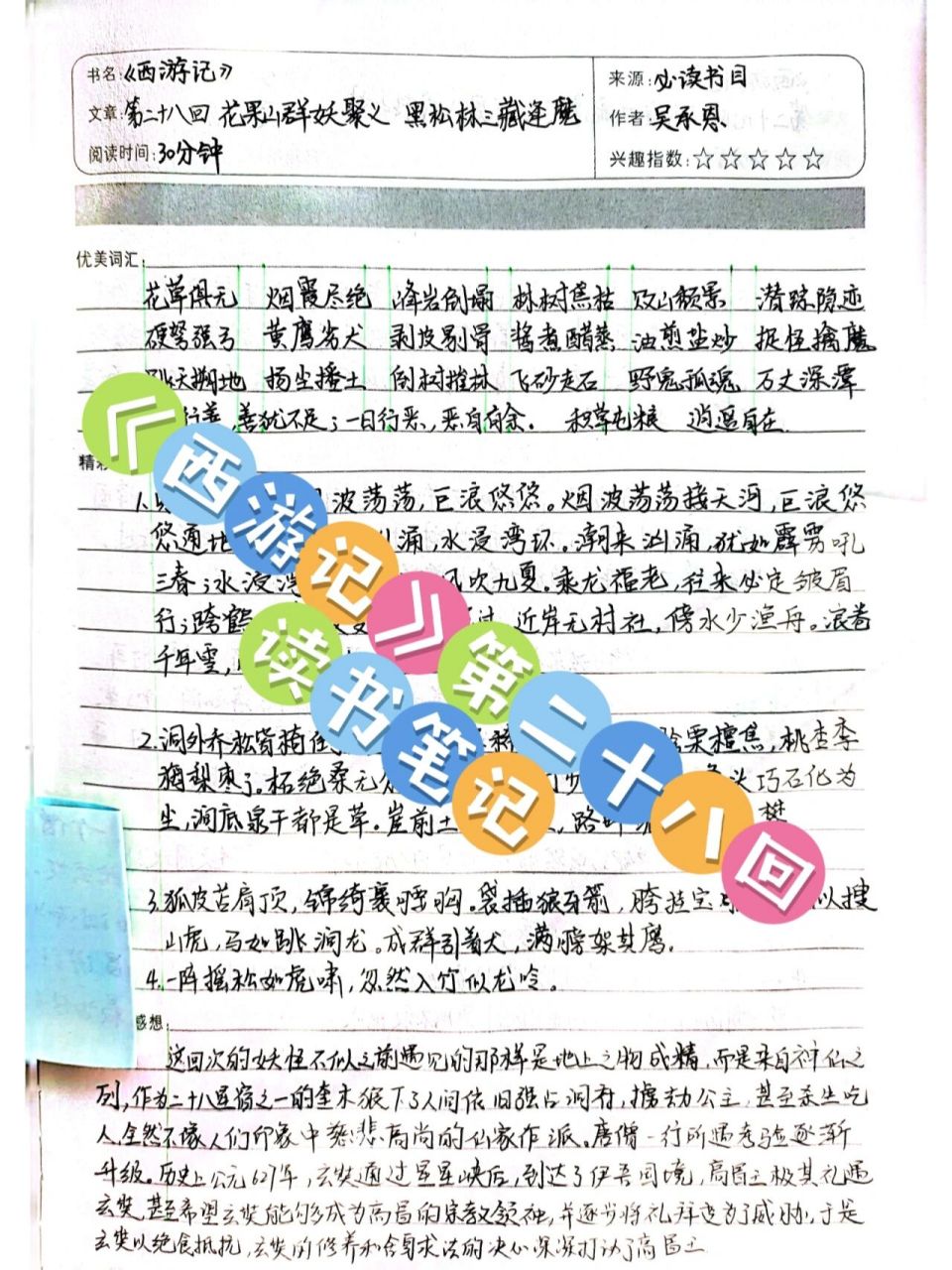 《西游记》第二十八回读书笔记 这回次的妖怪不像之前遇见的那样是地