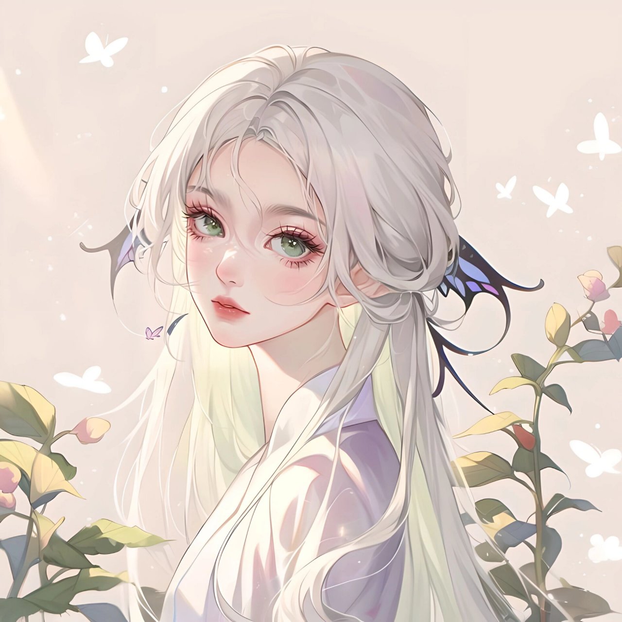 白发绿瞳蝴蝶少女头像