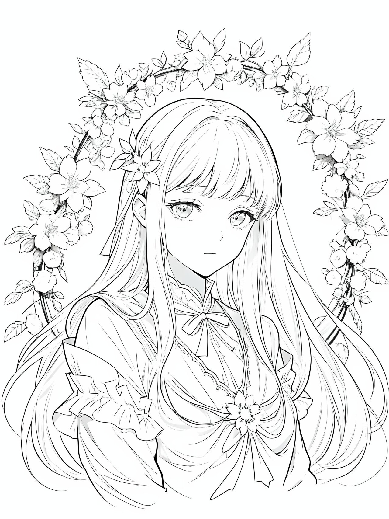 少女线稿,鲜花围绕,分享给宝宝涂色