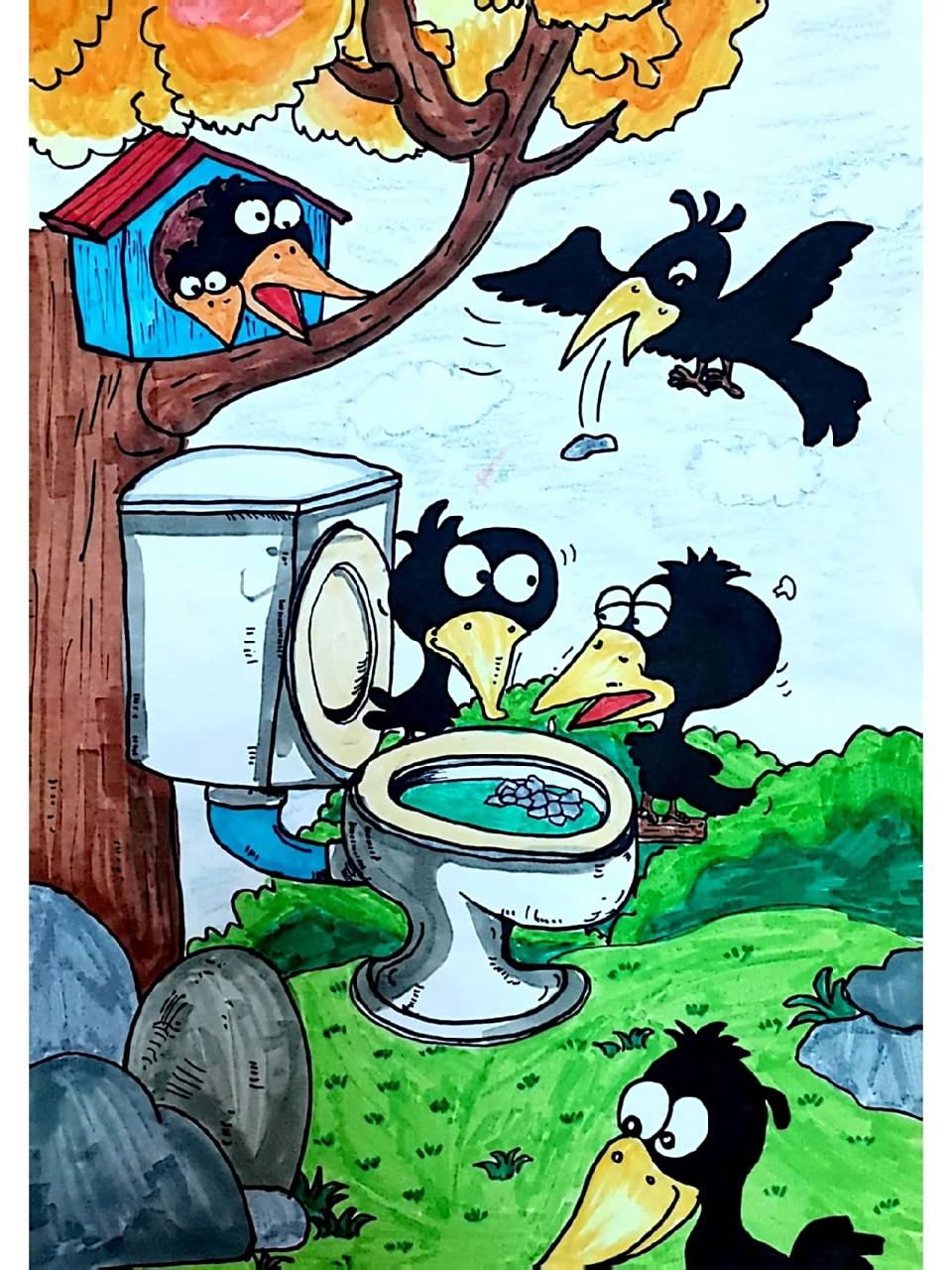 二年级寓言故事画系列《乌鸦喝水》