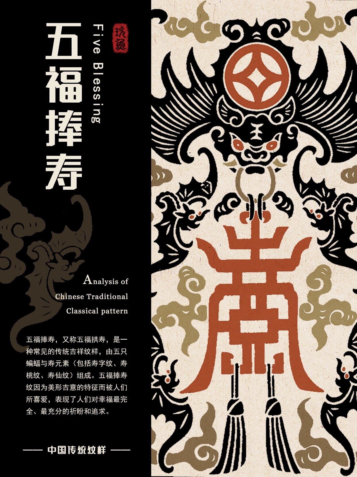 又称五福拱寿,是一种常见的传统吉祥纹样,由五只蝙蝠与寿元素(包括寿