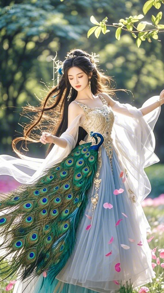 古风仙子,孔雀公主身着孔雀羽毛做的古风衣裙华丽满满金丝刺绣花纹纱