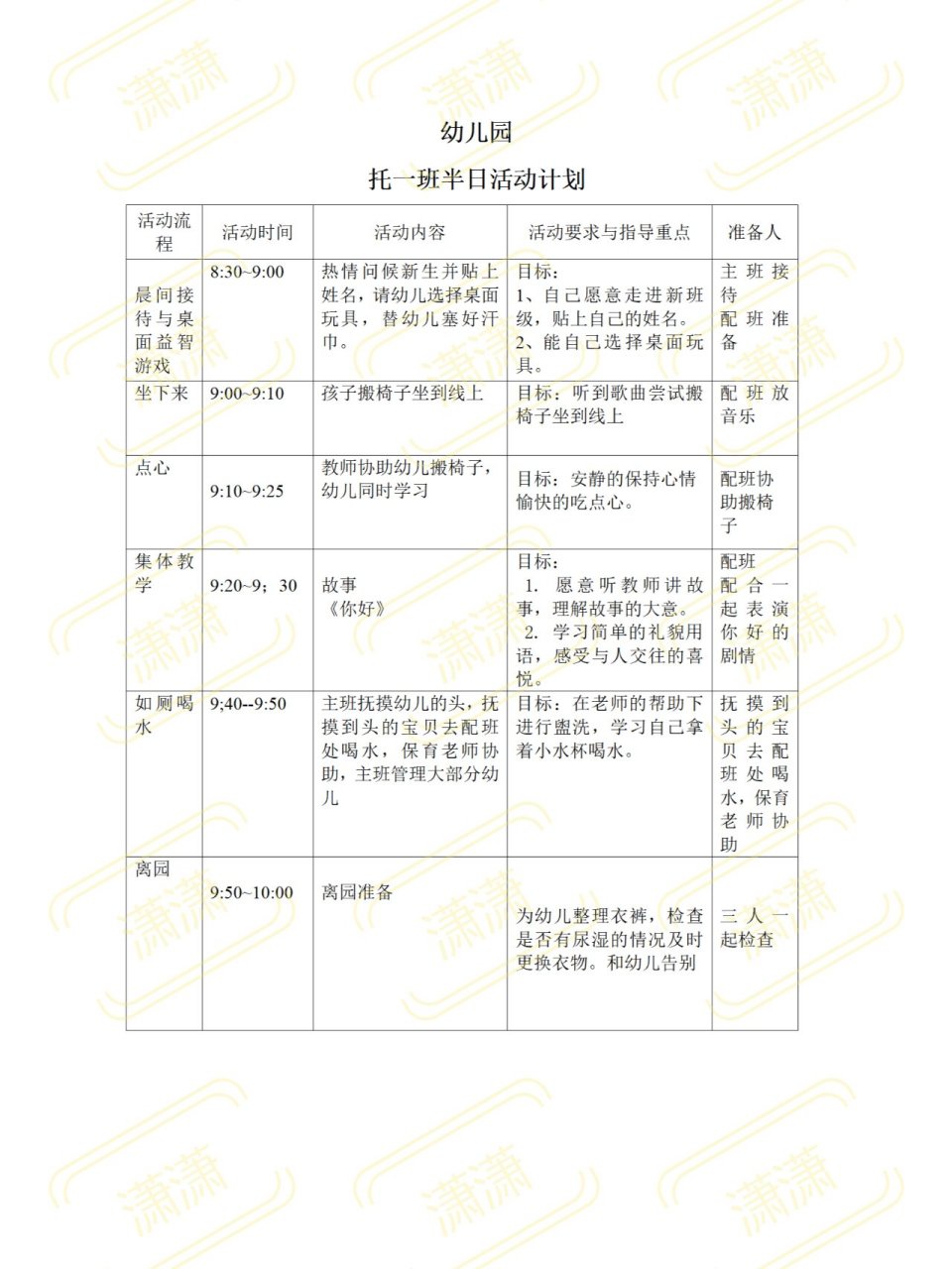 幼儿园站位表主配班托班半日活动计划分享