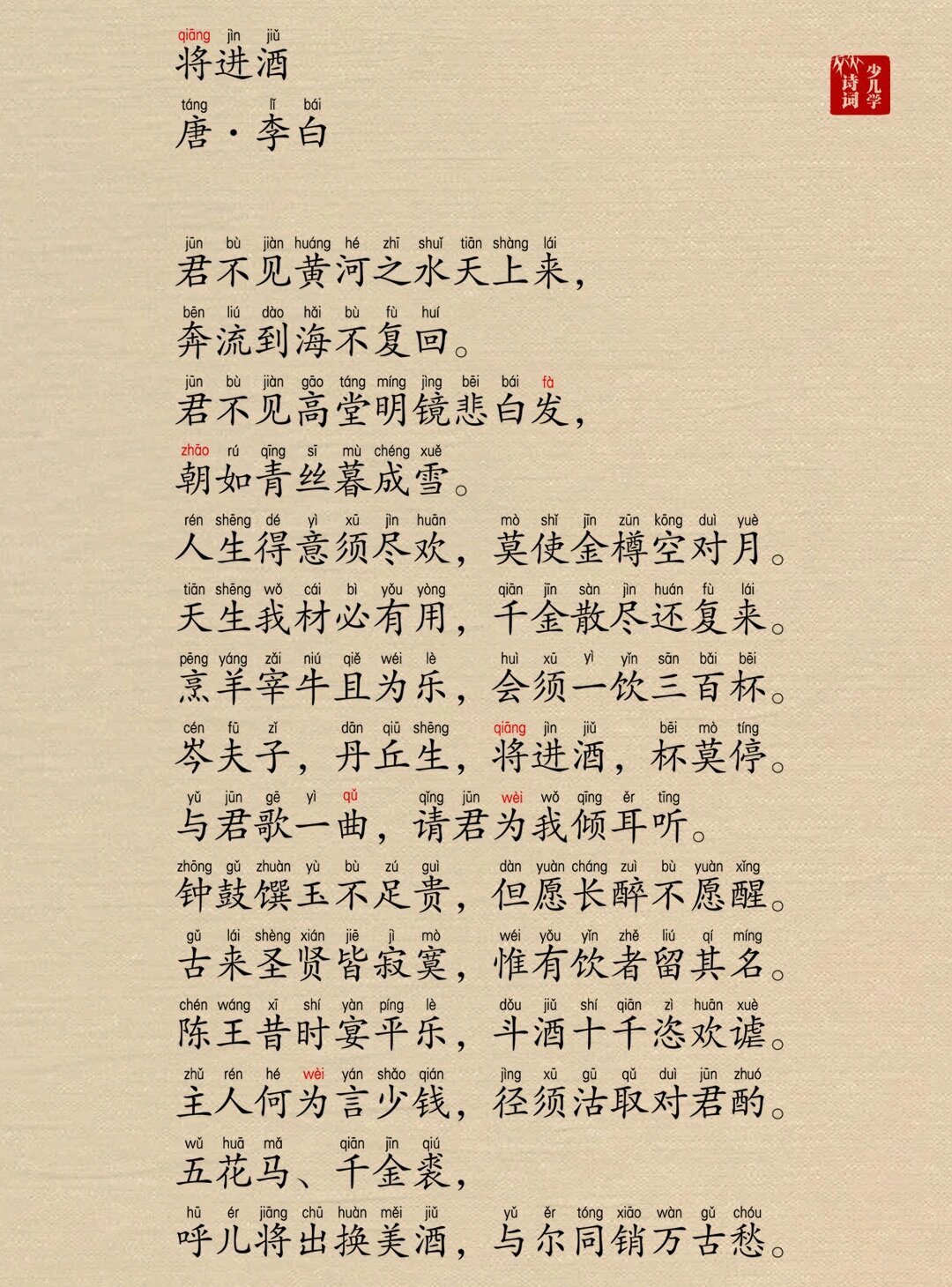 《将进酒》拼音版分享
