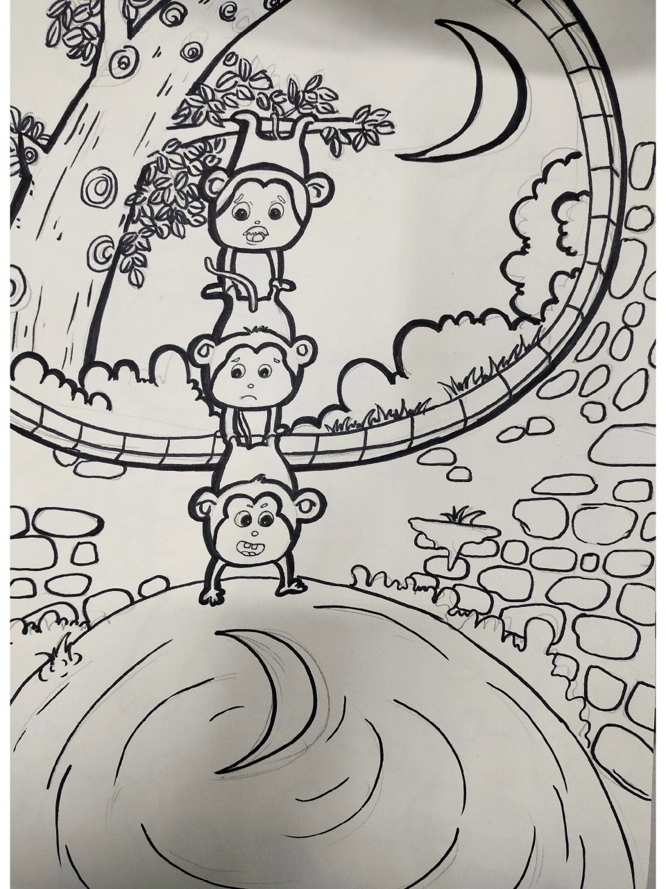 猴子捞月简笔画 水里的叶子上色上残了