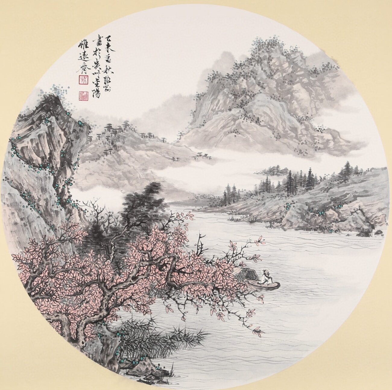 圆形国画 卡纸传统山水