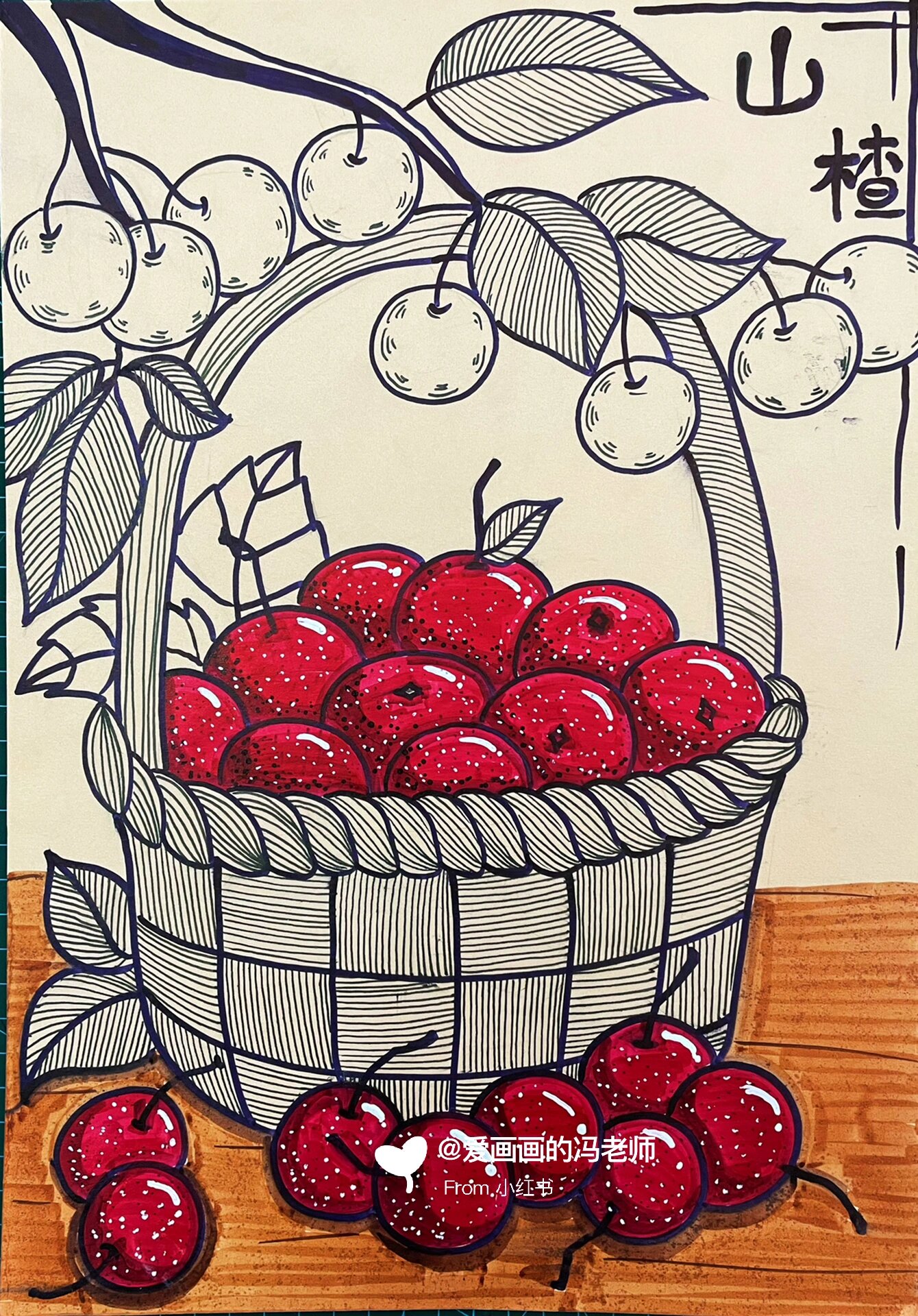 一筐樱桃,一筐山楂,线描水果,线描装饰画,点线面组合,黑白装饰画,马克