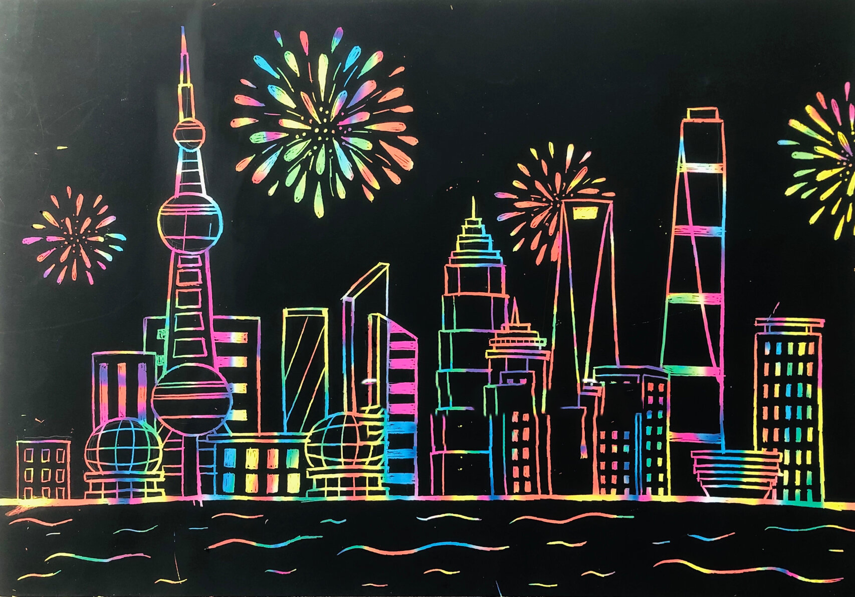 印象中国|暑期课程|刮画纸|线描|城市|高楼|烟花