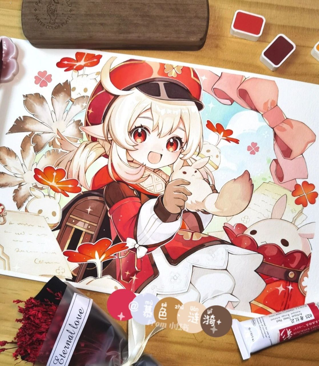 (完结)手绘二次元动漫 原神可莉 水彩临摹上色,打印线稿,不喜勿杠