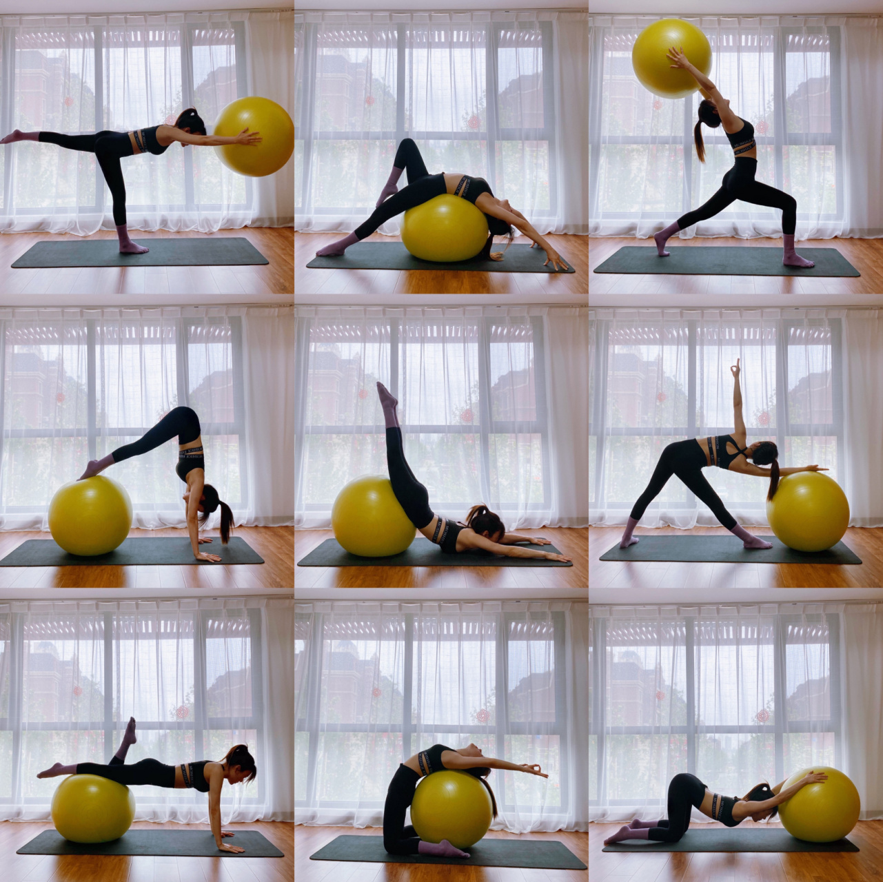 球瑜伽体式照91 瑜伽球是练习中很好的辅助工具,它可以助你强化你的