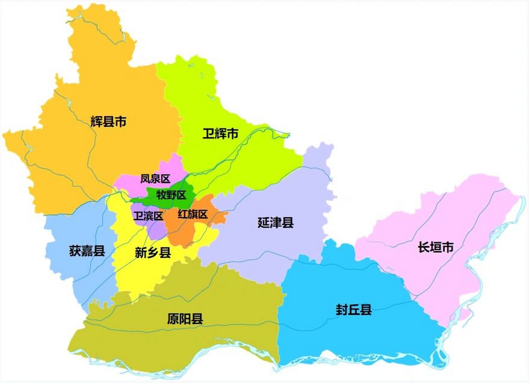 新乡全市划分为 4个区:卫滨区,红旗区,牧野区,凤泉区; 5个县:新乡