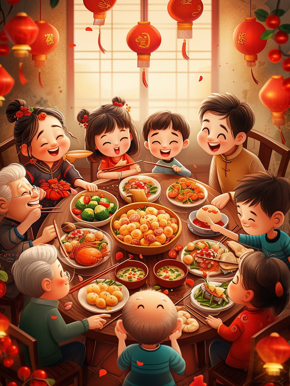 年味十足的绘画作品 欢聚,年夜饭,团圆7815 小时候的记忆,一家人
