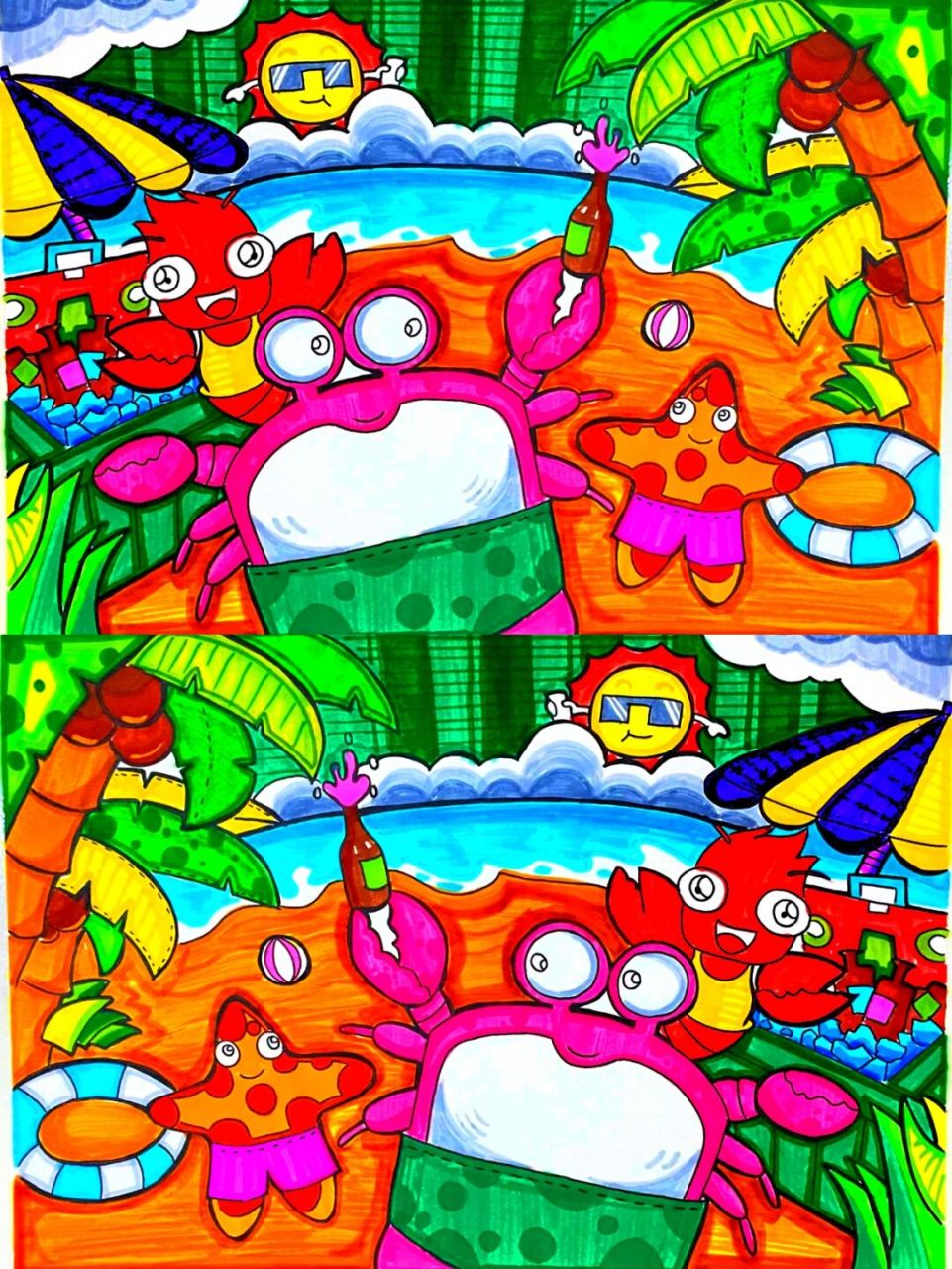 少儿创意美术《沙滩派对》创意儿童画.