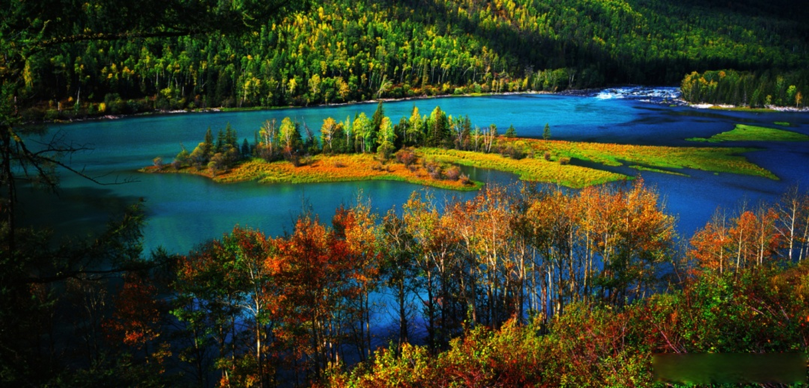 卧龙湾位于新疆阿勒泰地区布尔津县喀纳斯景区,由于河心洲形似霸王龙