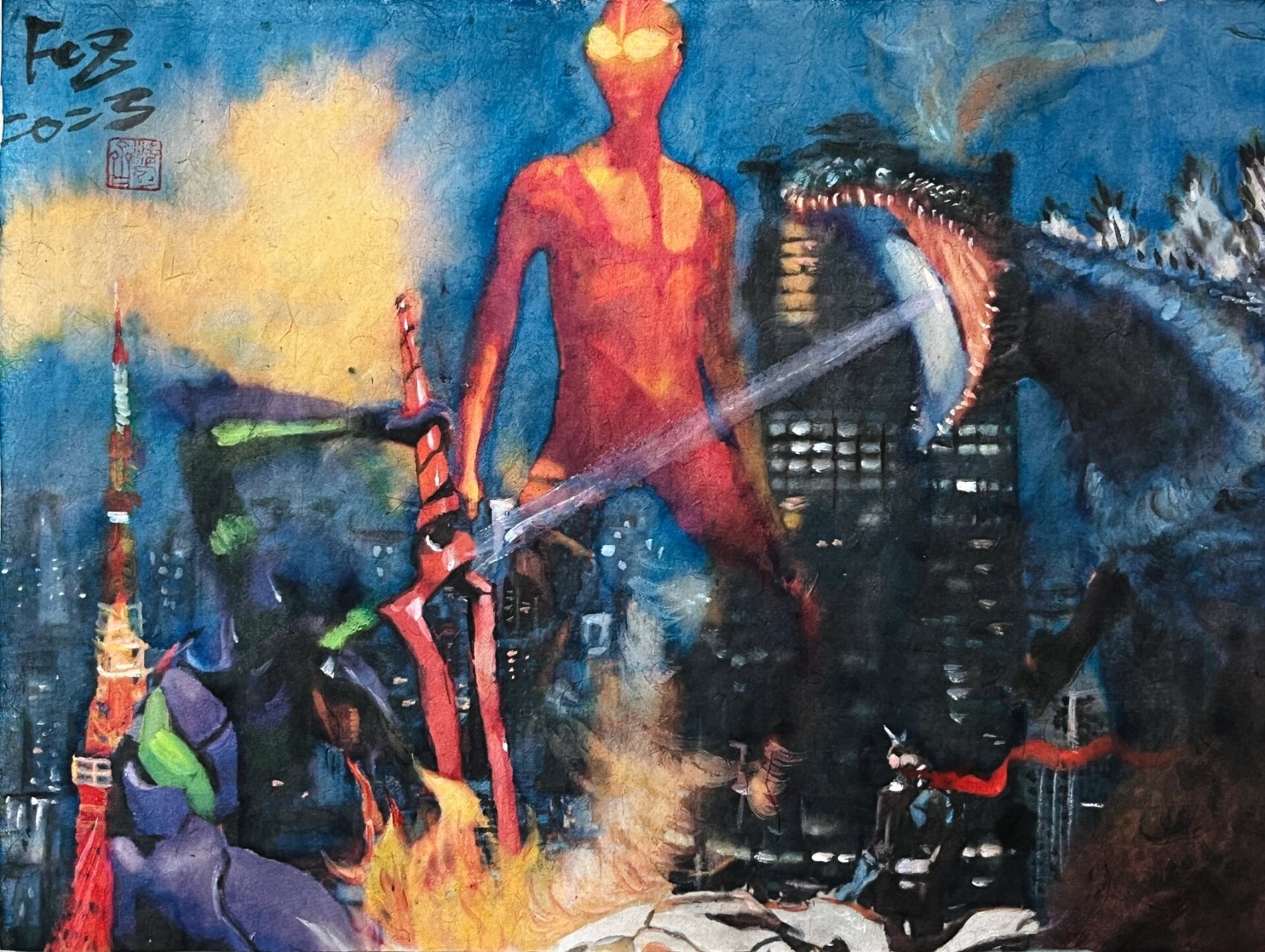 画了奥特曼和假面骑士看新哥斯拉大战初号机 毛笔画了庵野秀明宇宙大