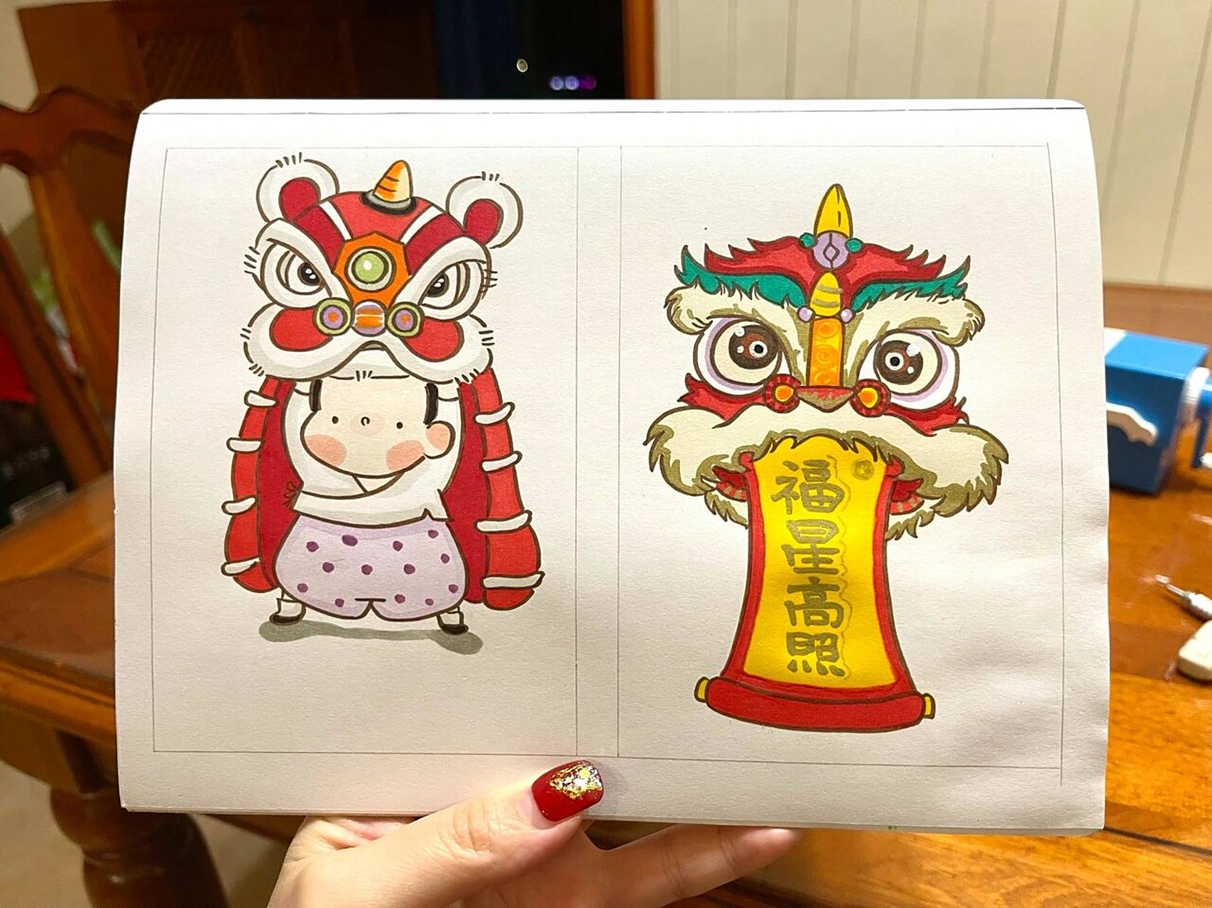 冬至必须安排个国潮系列 醒狮 舞狮简笔画 临摹作品 左边原创是:朴朴