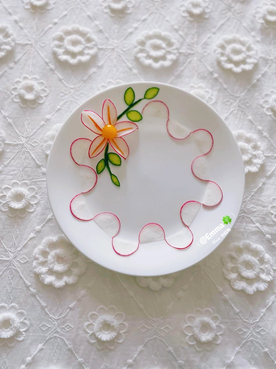 创意盘饰|樱桃萝卜花围边摆盘～91 食材:樱桃萝卜,黄瓜,胡萝卜,圣女