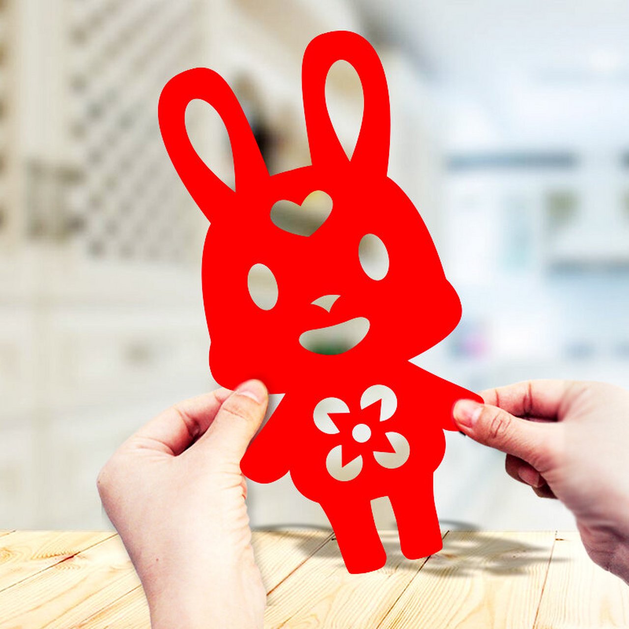 宝贝兔子剪纸,新年窗花剪纸,对称简单