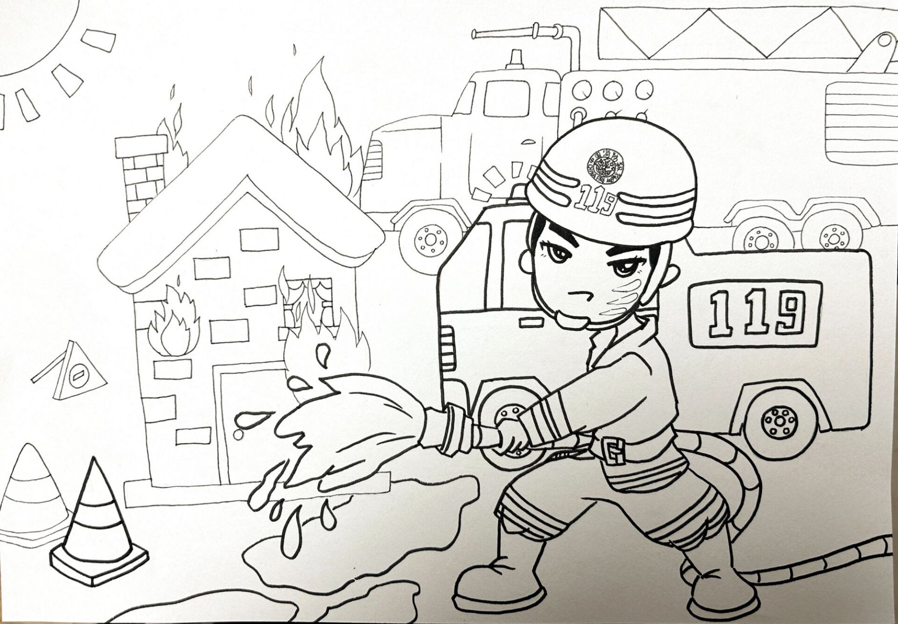 我眼中的火焰蓝,消防安全画         h