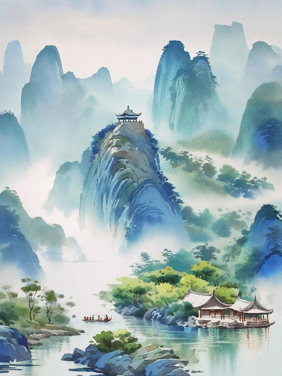 山水水墨画—唯美意境 湖光山色,水彩场景,美轮美奂, 色彩斑斓的风景