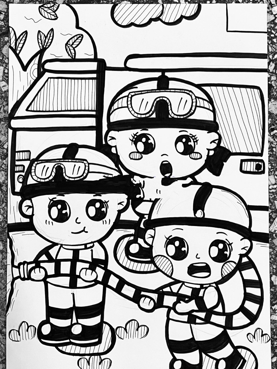 《小小消防员》黑白画