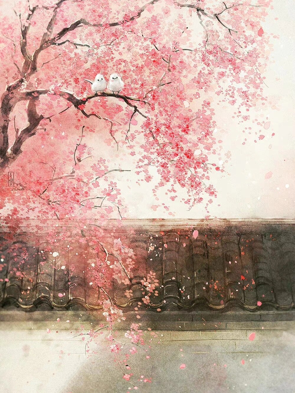 古风|插画 春花粉色红,春雾缭朦胧 古风景色手绘插画师推荐,见左下角