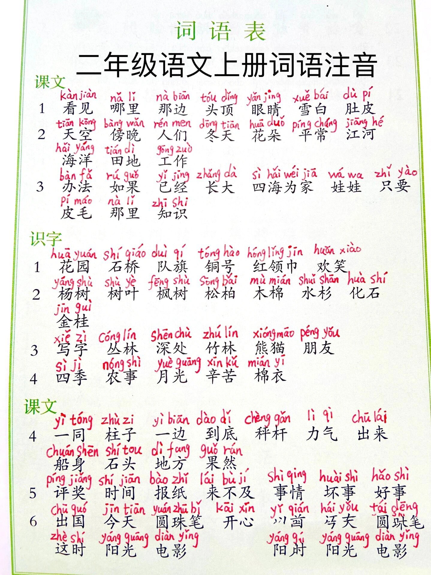 二年级上册 词语表注音
