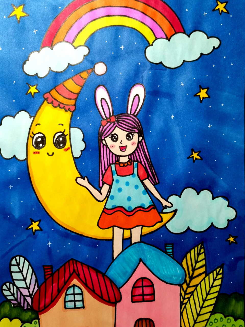 月亮船 月亮儿童画 创意画 马克笔 附线稿 6-7岁小朋友的课效