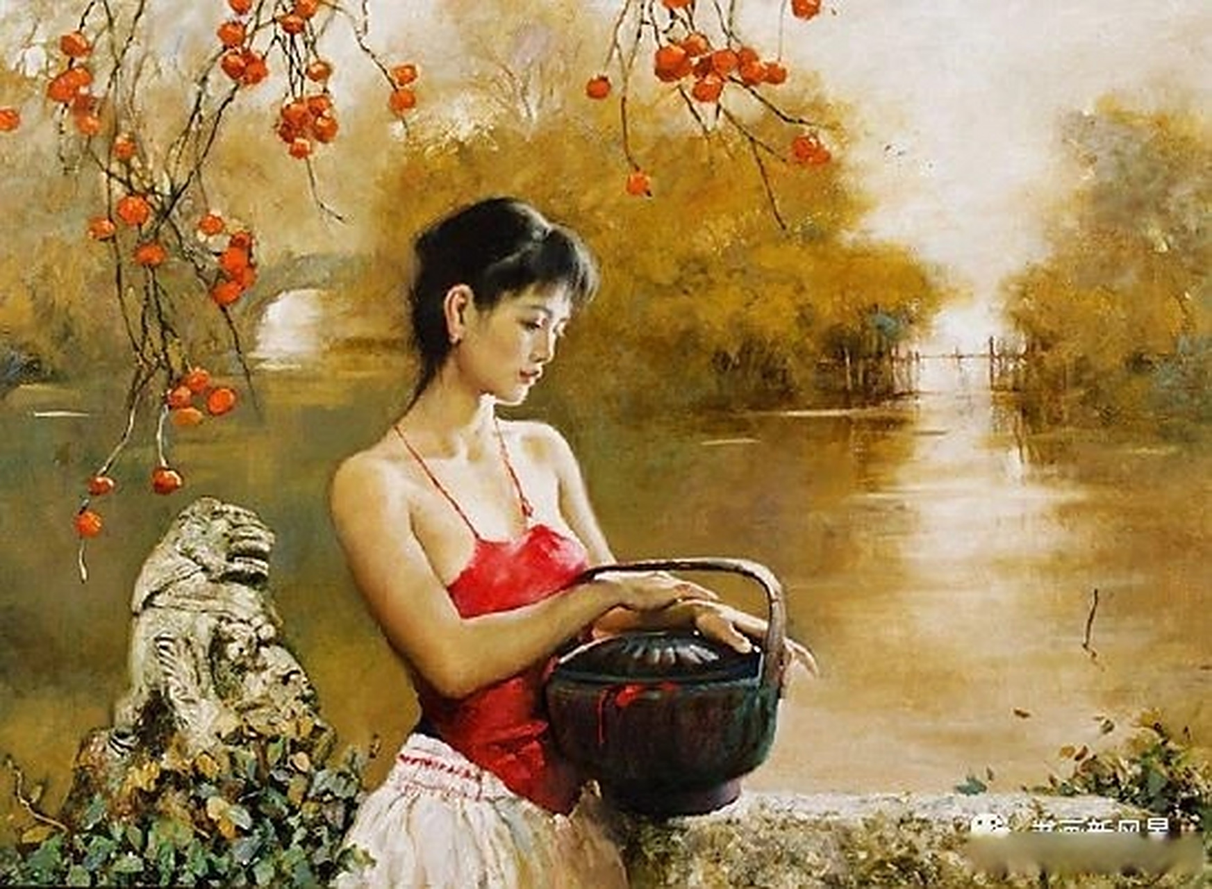 《唯美油画:穿红肚兜的江南女子》