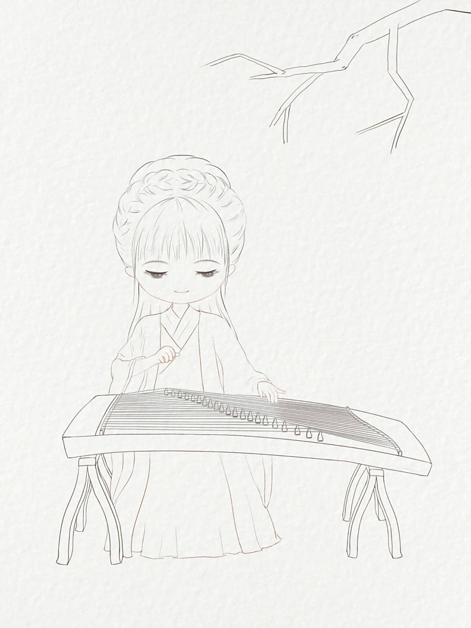 q版手绘·附线稿94我真的画足了21根弦啊～ 作为一个喜欢弹古筝的画