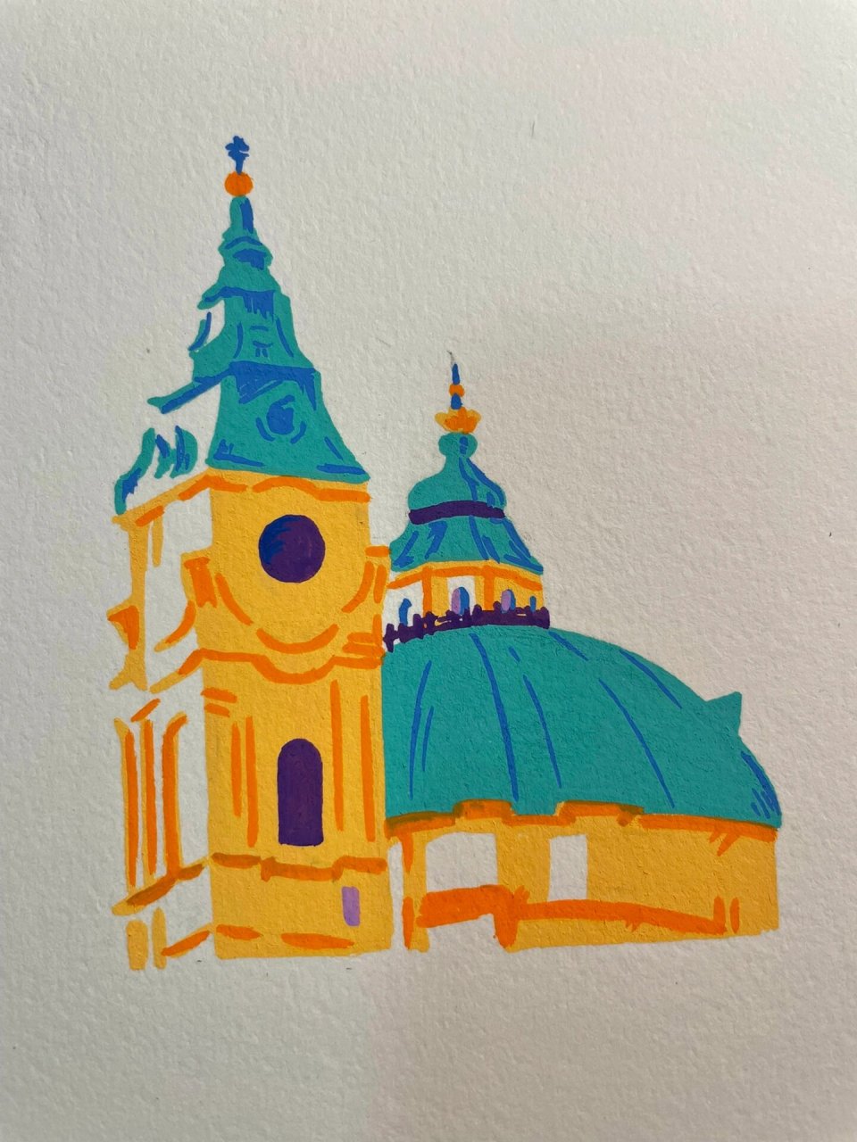 每日一画|布拉格广场,丙烯马克笔(含步骤) 这两天都在临摹 的风景画