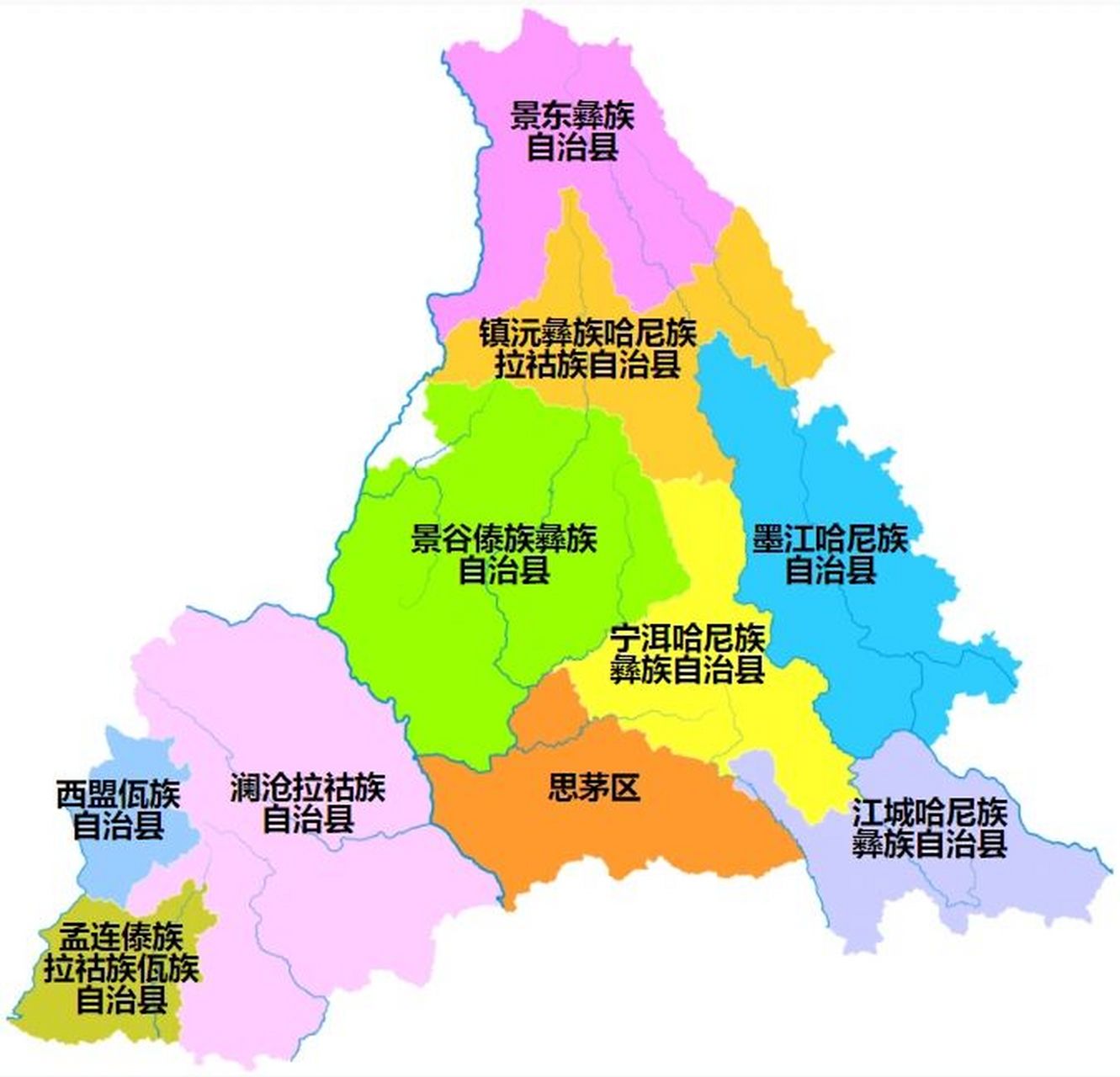 普洱全市划分为 1个区:思茅区 9个县:宁洱哈尼族彝族自治县,墨江