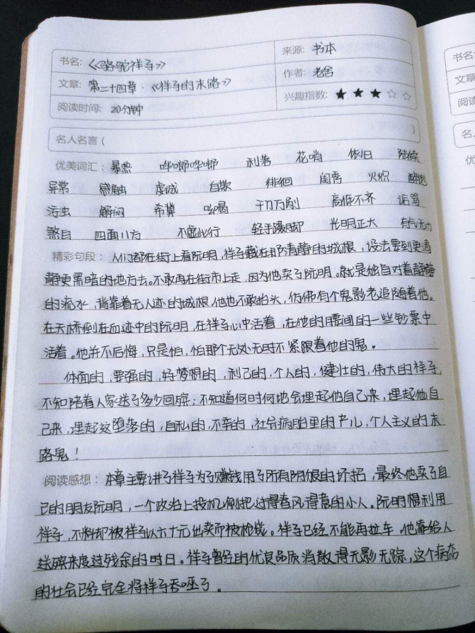 《骆驼祥子》读书笔记 《骆驼祥子》更完啦