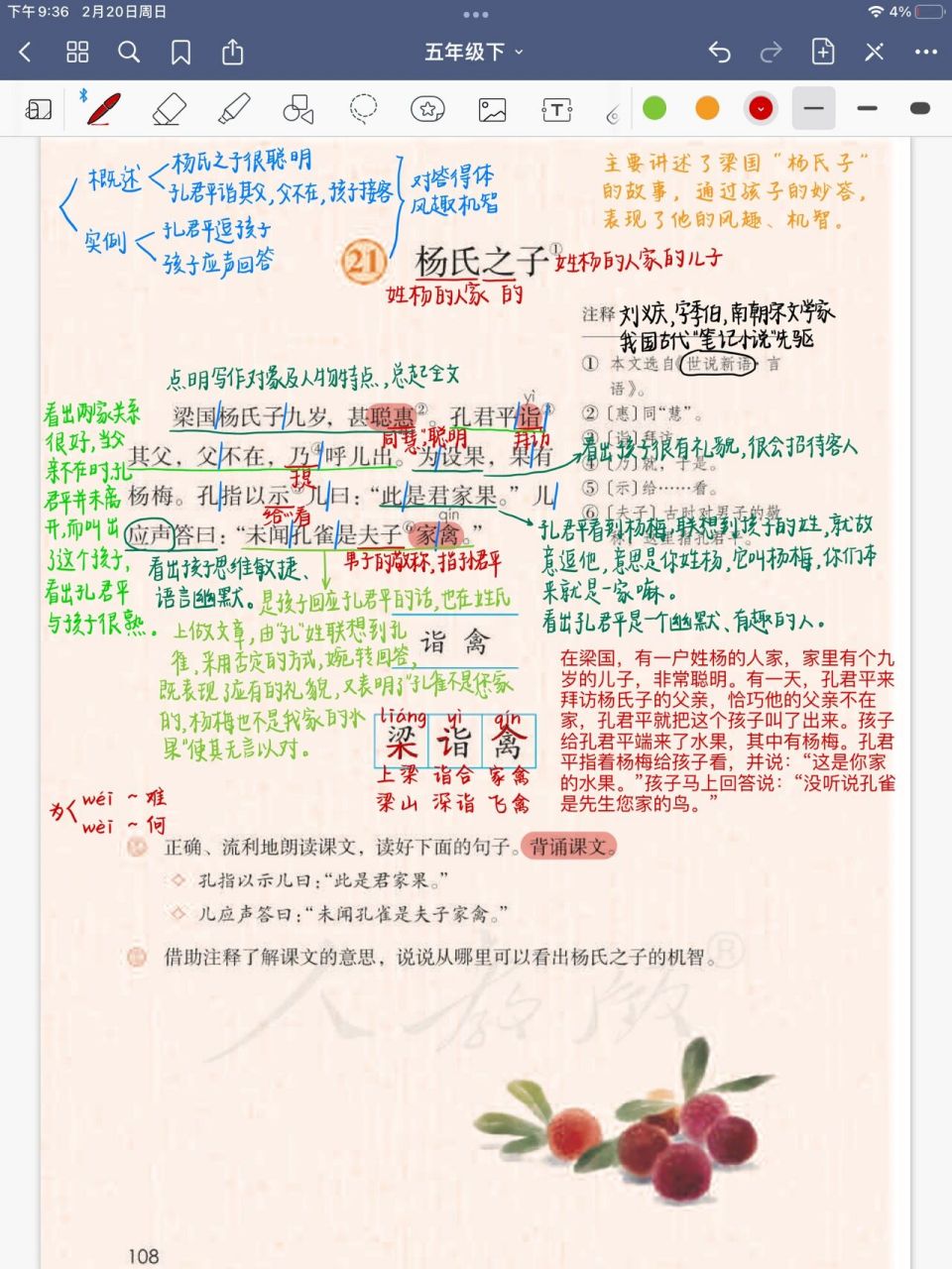 第21课《杨氏之子》 五年级语文下册 第21课《杨氏之子》课堂笔记