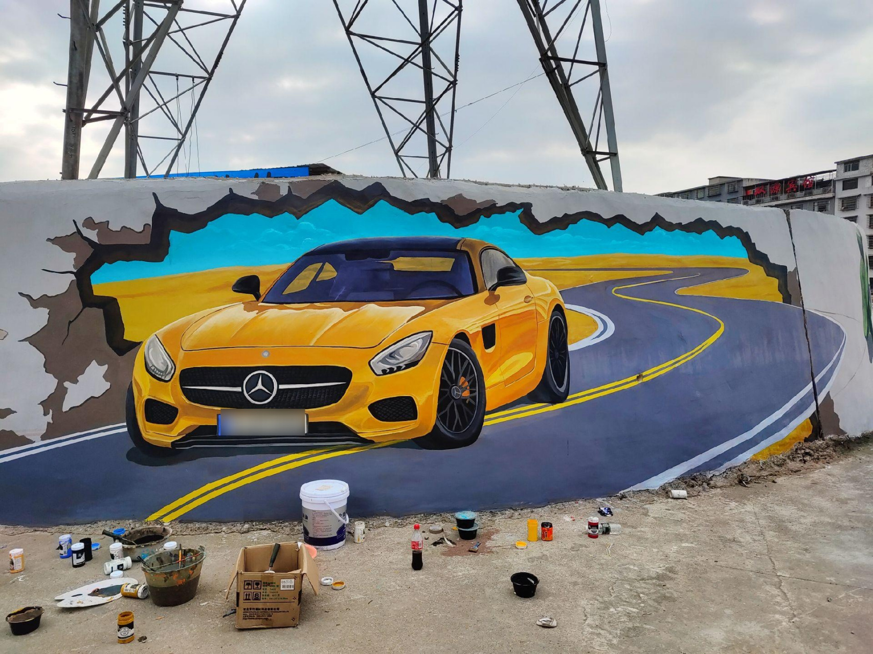 在贵阳画的汽车3d画墙绘,步骤图来了!