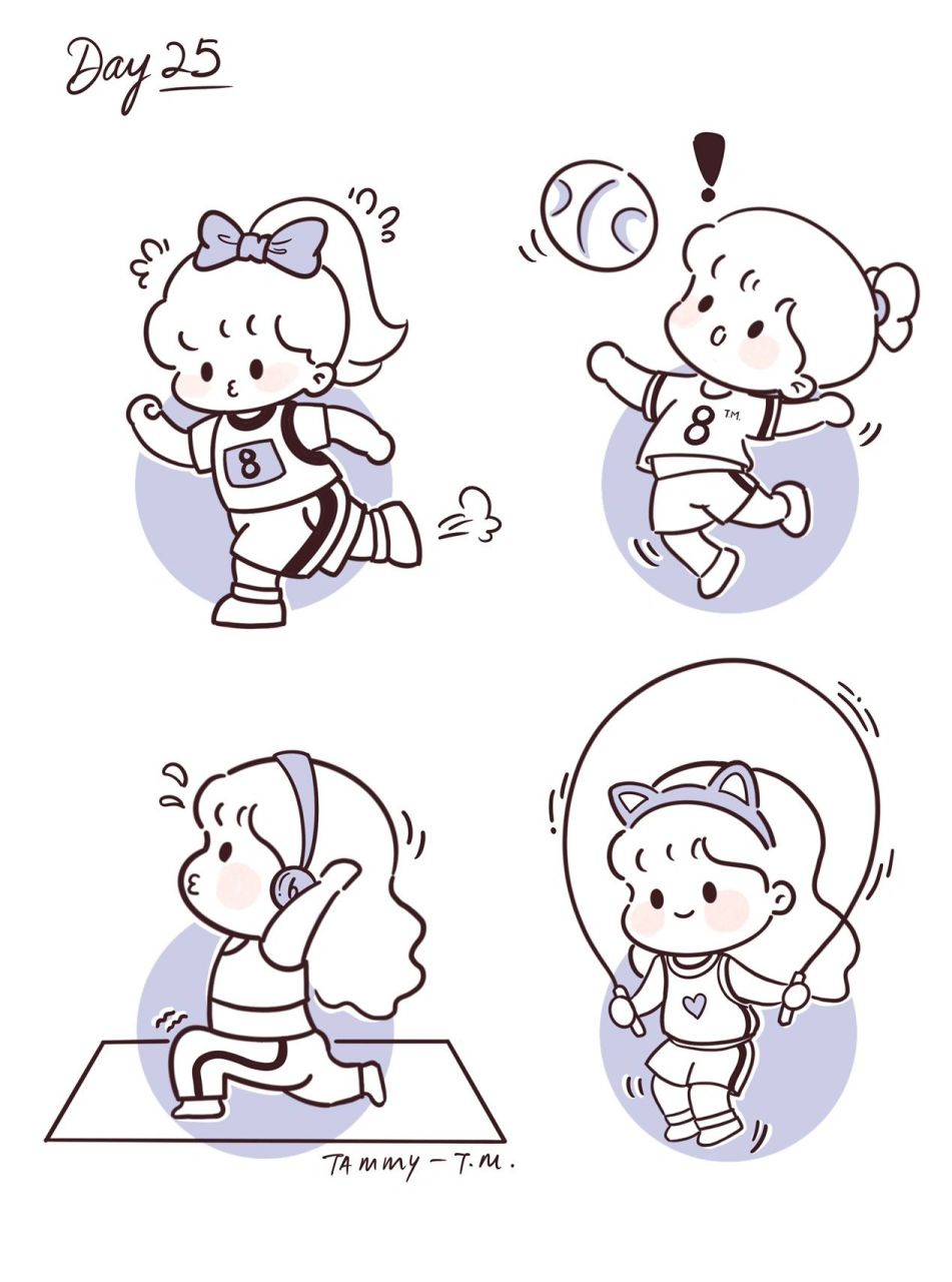 【简笔画】q版人物动态 |自律女孩可爱插画 临摹 笔刷:工作室笔 	 day