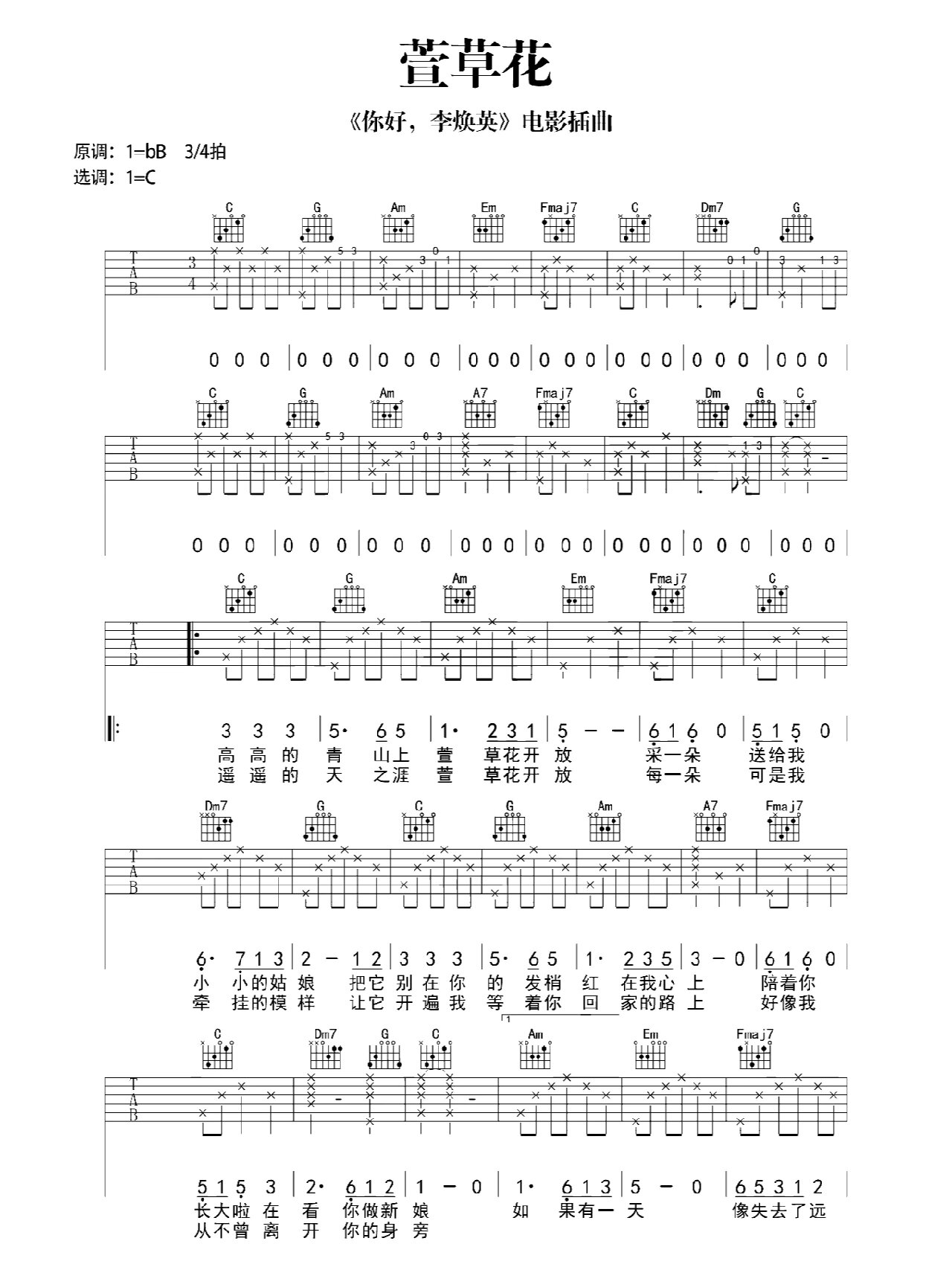 萱草花吉他伴奏图片