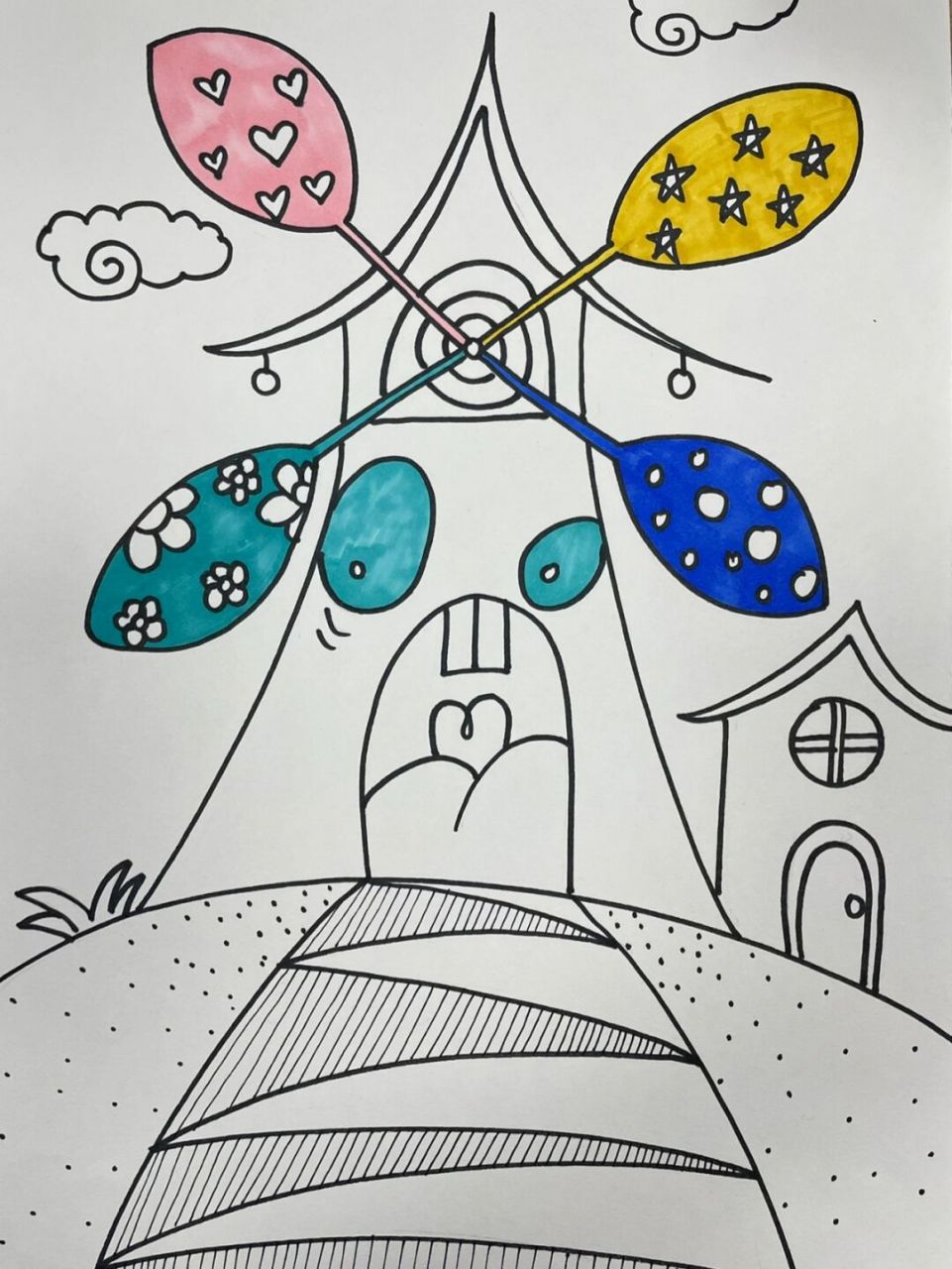 大风车线描儿童画附步骤 材料:铅笔,橡皮,勾线笔,马克笔,素描纸 适合