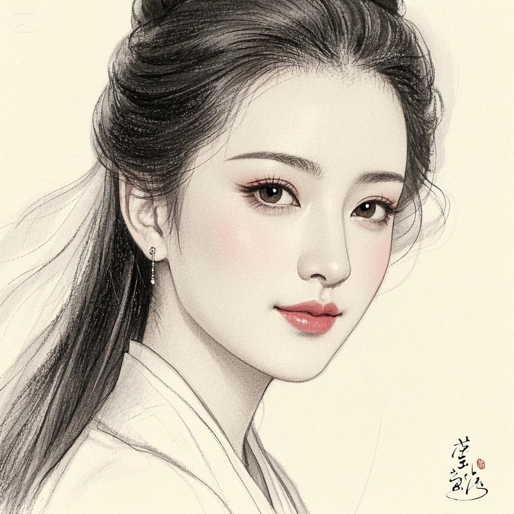 雅芝版的白娘子,古风,铅笔素描,只用米白色和铅笔颜色的结合,嘴唇可用