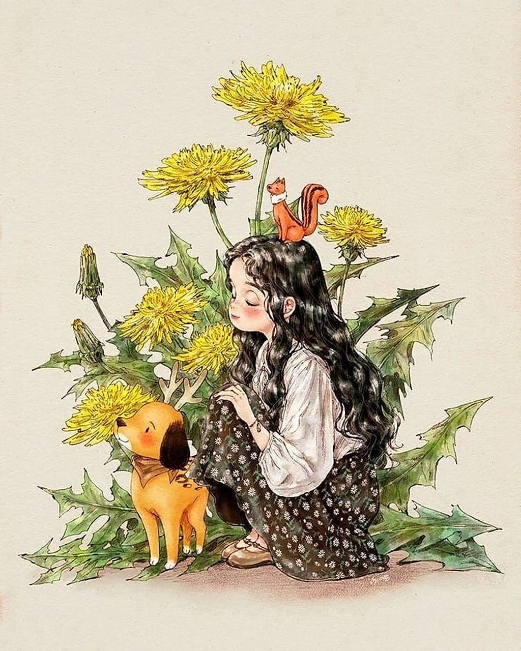 治愈系插画分享|森林女孩.