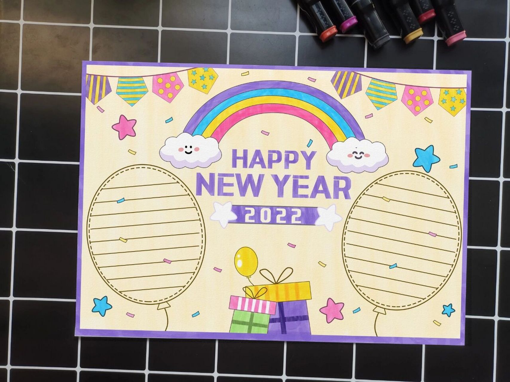 21】元旦手抄报英语手抄报【送线稿】 一款简单适小朋友的手抄报 中文