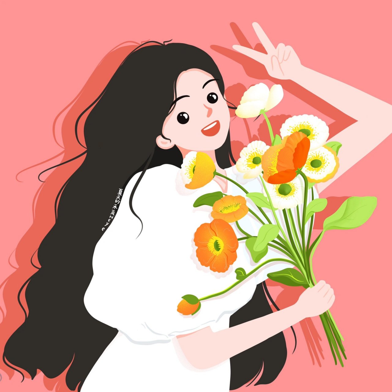 插画头像 | 捧花比耶的可爱女生 花花系列 1~ 背景多种配色供大家选择