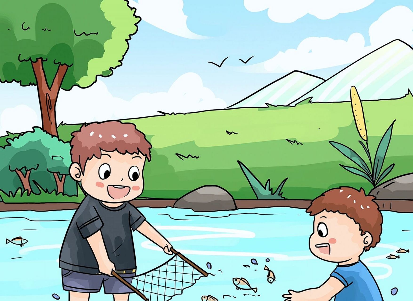 插画|下河抓鱼野炊 周末了,又该出去玩了 夏天确实是热的很啊 正好