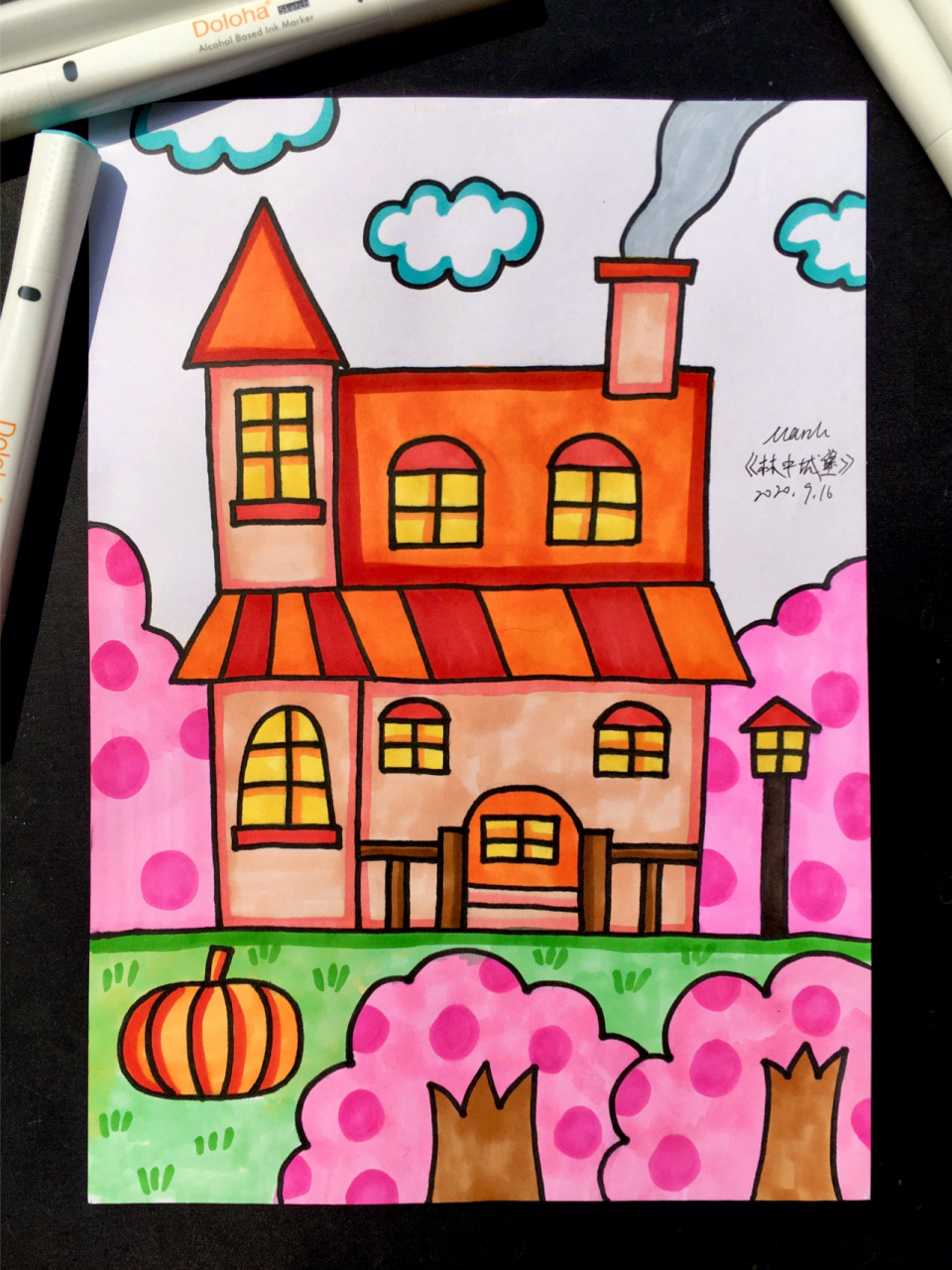 【林中小屋92】马克笔手绘儿童画创意简单幼儿 部分作品含线稿图(画