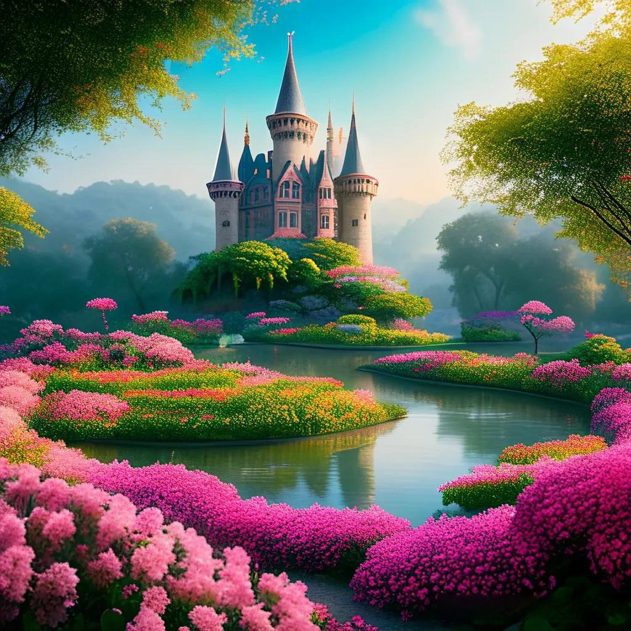 河边矗立着一座迷人的西欧风格城堡,仿佛来自童话故事般的美景.